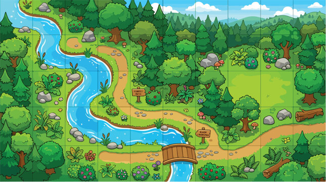 Cartoon forest game map with winding river and wooden bridge, vibrant green woodland landscape vector, top-down nature environment for mobile games