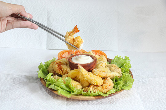 Crispy Fried Prawn Tempura With Creamy Mayonnaise Sauce On Wooden Plate