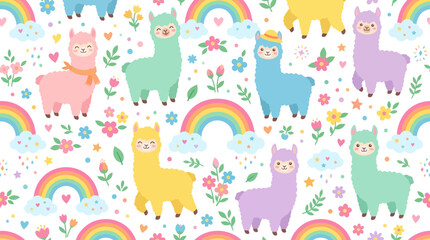 Naklejka premium Cute Llama and Alpaca Seamless Pattern with Rainbows and Flowers in Flat Cartoon Vector Style for Kids Design