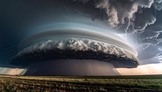 Dramatic shelf cloud with lightning approaching over open field