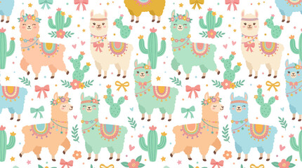 Naklejka premium Cute Cartoon Llama Alpaca and Cactus Seamless Pattern. Adorable Flat Vector Illustration for Children's Design.