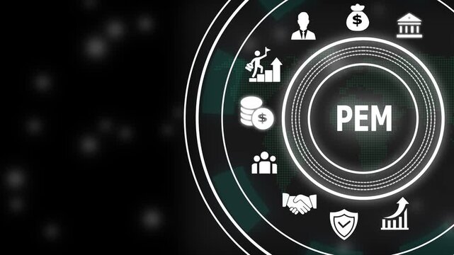Pem enterprise management concept with digital business and corporate growth strategy symbols in a modern circular hud interface for financial data analysis and global