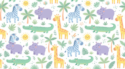 Obraz premium Cute Flat Cartoon Safari Animals Seamless Pattern. Happy Zebra, Hippo, Crocodile, Giraffe Vector Illustration for Kids.