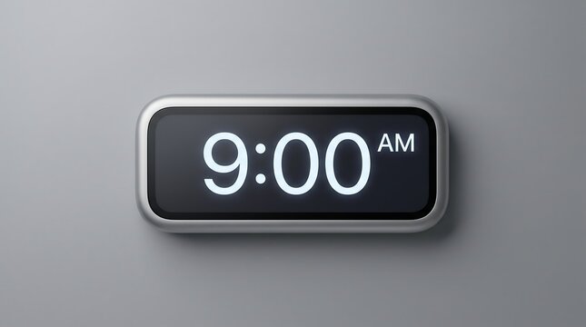 Modern digital clock displaying 9 00 am on a gray background sleek silver frame morning time concept