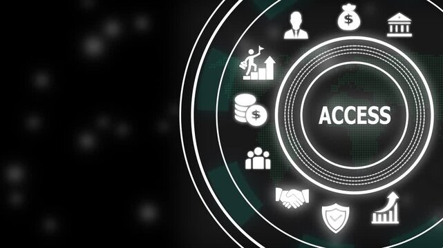 Digital access control interface featuring business and global network security symbols for corporate data protection, cyber safety, financial management, and