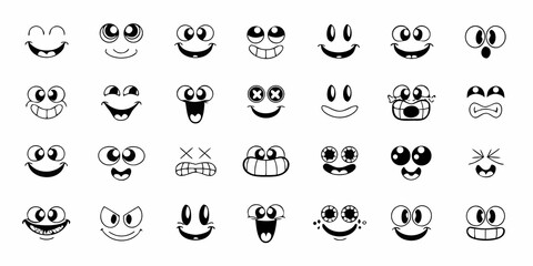 Collection of cartoon smiling faces black and white vector illustrations on a white background © RanjanKumar