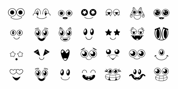 Collection of black and white cartoon face expressions whimsical hand drawn style on a white background