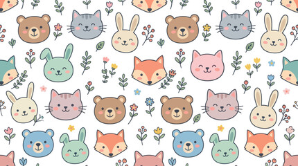 Obraz premium Cute Cartoon Animals Seamless Pattern, Kawaii Style Kids Fabric Design