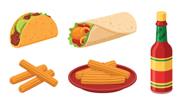 Delicious assortment of Mexican food including tacos, burritos, churros, and hot sauce bottle, perfect for a festive meal.