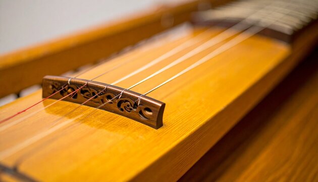 Close-up detail of moveable bridge on wooden koto string instrument