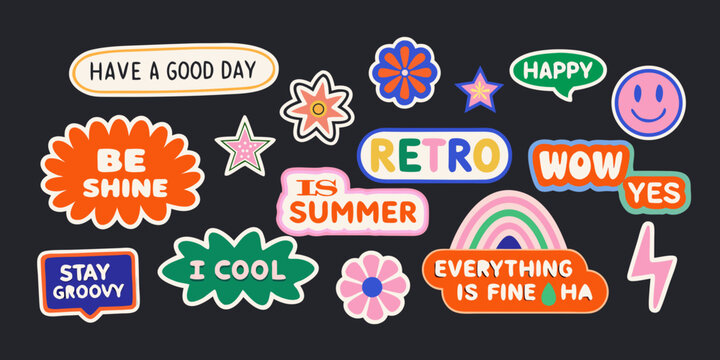 Colorful retro style stickers collection with positive messages on a dark background high quality professional