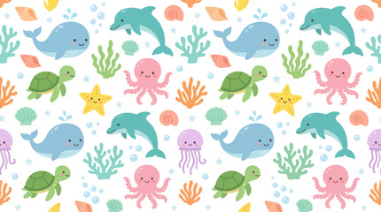 Fototapeta premium Cute Cartoon Flat Illustration Seamless Pattern: Happy Ocean Marine Animals and Underwater Life for Kids.