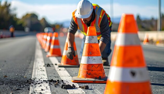 A worker in safety gear places traffic cones on a road