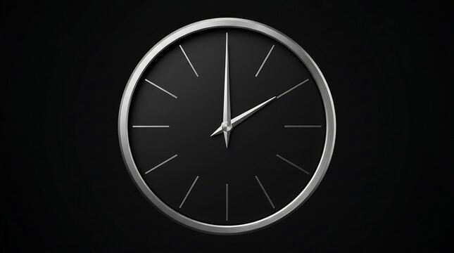 Minimalist analog clock featuring a sleek metallic frame and elegant dark face showing time against a solid black background for professional business concepts