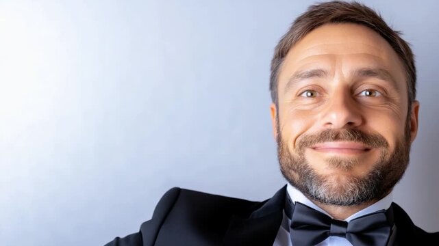 Elegant Gent: A charismatic man with a well-groomed beard and a confident smile, dressed in a sophisticated tuxedo, exudes an air of refined charm and success.