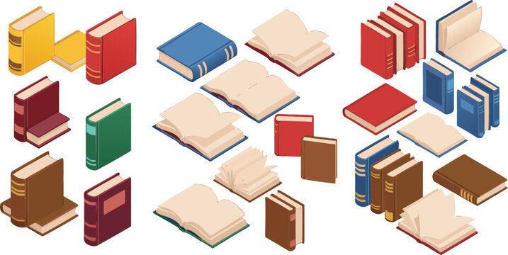 Isometric book vector collection featuring various open and closed colorful textbooks, journals, and literature icons for library, education, school, and academic study design elements