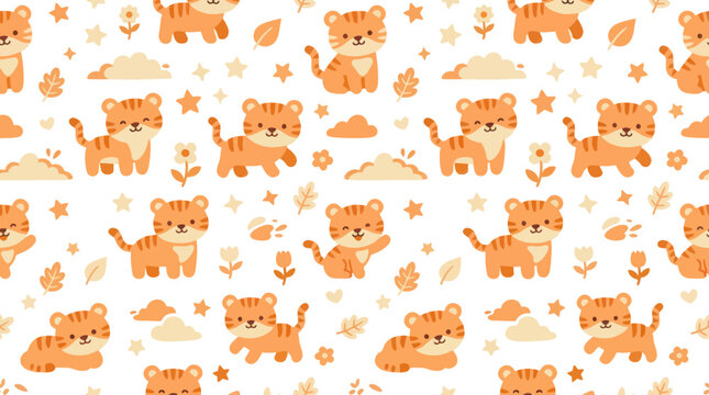 Cute Tiger Cubs Pattern, Adorable Animals, Flat Design, Kids Fabric Background