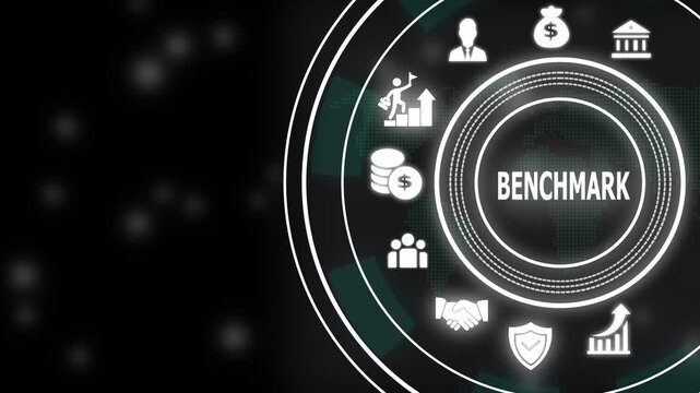 Digital benchmark concept with animated business and corporate strategy symbols for financial growth analysis, performance metrics, and data-driven success planning