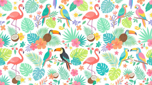Tropical seamless pattern with flamingos, parrots, toucans, flowers, leaves, coconuts