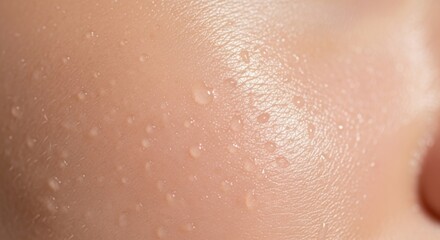 Fototapeta premium Macro Close-up of Human Skin with Water Droplets and Sweat for Skincare and Hydration Concept
