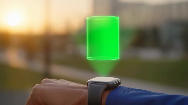 Smartwatch with a holographic full battery icon projected at sunset