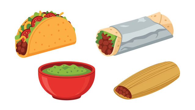 Delicious collection of traditional Mexican food items including a taco, burrito, guacamole, and tamale.