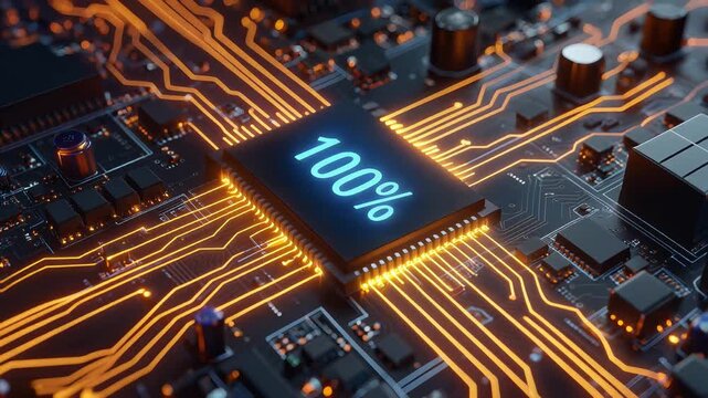 Dynamic close-up of a high-tech motherboard circuit board with glowing orange data pathways and a central processor displaying '100%' in blue, symbolizing complete data processing, digital innovation