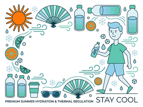 Summer Hydration and Cooling Tips Infographic with Man, Water Bottles, and Sun Icons - Vector Illustration with Copy Space for Heat Safety Advice