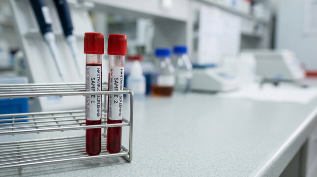 Sealed hantavirus blood sample test tubes on sterile lab tray and diagnostic equipment, infectious disease screening, clinical testing, medical research, healthcare laboratory concept