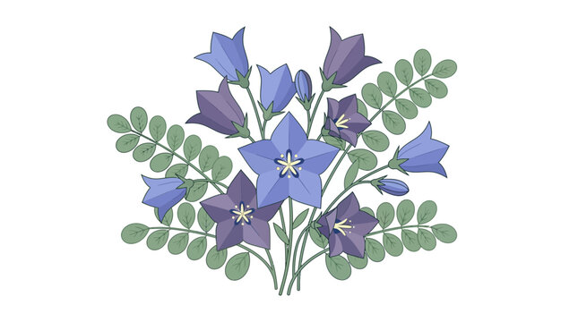 Elegant Vector Illustration of Purple Bellflowers and Green Leaves Bouquet Isolated on White Background