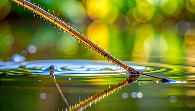 Water strider insect resting on pond surface with leg dimples and reflections