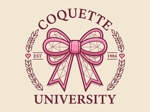 Coquette University Logo Design with Pink Ribbon Bow, Laurel Wreath and Heart Details, Preppy Varsity Aesthetic Illustration for Fashion and Apparel