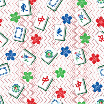 Mahjong tiles seamless pattern with cherry blossoms and red zigzag background