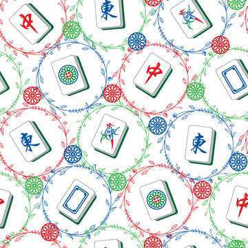 Mahjong tiles seamless pattern with floral wreaths and ornamental circles