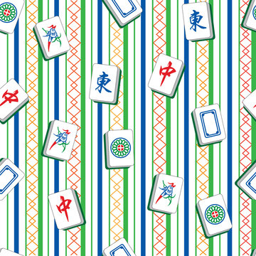 Mahjong tiles seamless pattern with colorful stripes and zigzag background