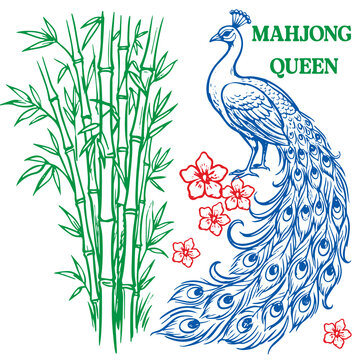 Mahjong Queen peacock illustration with bamboo forest and flowers