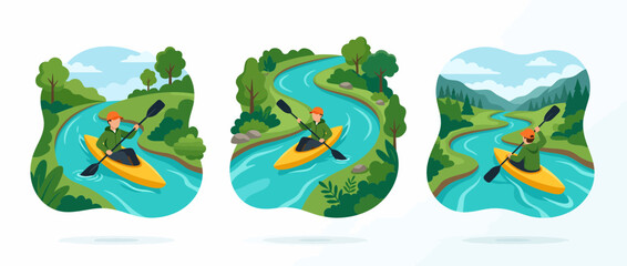 Naklejka premium Teenage Kayaking Adventure on a Winding River in Nature