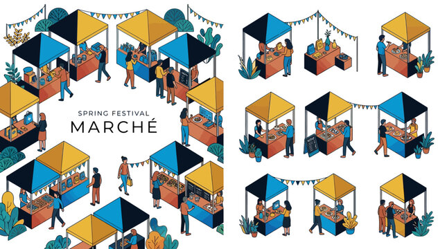 Isometric Outdoor Spring Market Festival with Food Stalls and People Shopping at Local March&eacute;
