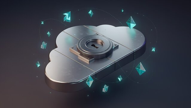 3D illustration of a metallic cloud icon featuring a mechanical lock, surrounded by glowing data shards, symbolizing cloud storage security.