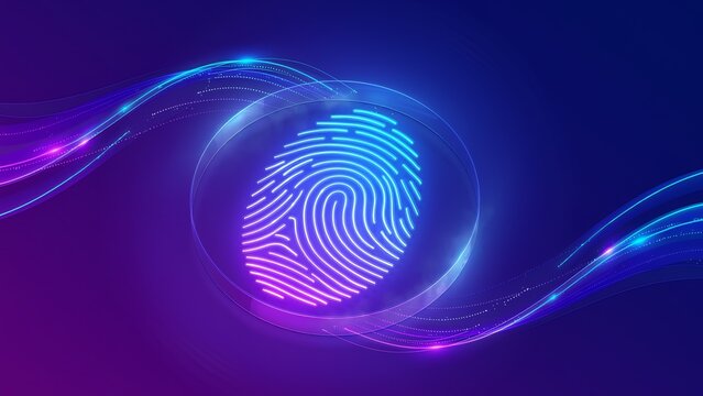 Glowing biometric identity thumbprint in virtual circuit. Abstract technology background representing artificial intelligence, personal data protection, and digital safety.