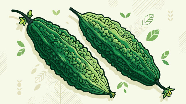 Stylized Vector Illustration of Two Fresh Green Bitter Melons (Bitter Gourd) on Decorative Abstract Background