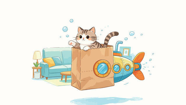 Cute Chibi Tabby Cat Pretending To Navigate A Homemade Paper Bag Submarine, Whimsical Imaginative Indoor Pretend Play, Soft Warm Watercolor Illustration