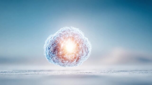 Glow of Life: A luminous, abstract representation of a cell, glowing with an inner light, against a softly blurred background, symbolizing life and vitality.