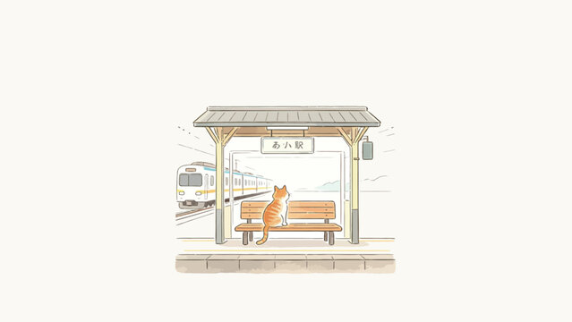 Soft minimalist watercolor illustration of a back-view orange tabby cat waiting for an approaching train at a quiet rural railway station platform, warm muted pastel palette, serene peaceful mood