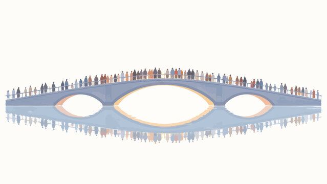 Minimalist Symmetrical Illustration of Pedestrians Lined on a Triple-Arched Stone Bridge, Calm Water Mirror Reflection Creates a Clever Human Eye Visual Metaphor, Soft Muted Pastel Palette