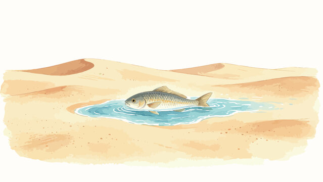 Soft Surreal Minimalist Watercolor Illustration of a Carp-like Fish Resting in a Tiny Shallow Desert Puddle Surrounded by Rolling Golden Sand Dunes