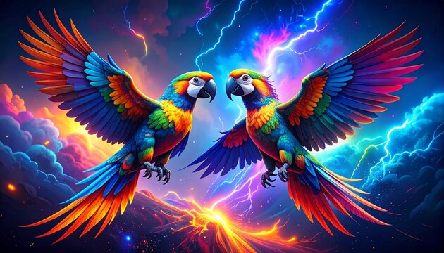 Colorful parrots flying through vibrant stormy sky with lightning effects
