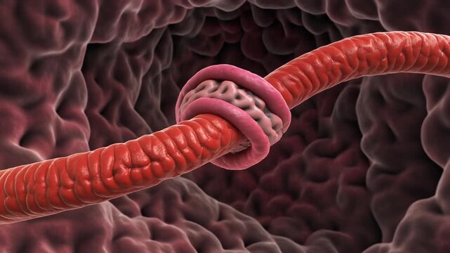Cinematic microscopic view of a cerebral blood vessel with a knotted brain tissue lump, symbolizing neural blockage, vascular disease
