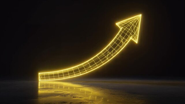 Dynamic glowing yellow wireframe chart arrow animation, steadily rising curve forming an upward trajectory on a dark reflective surface, symbolizing growth, success, and positive financial progress