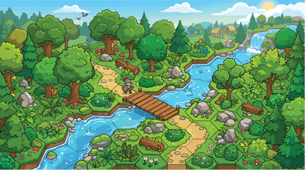 Fototapeta premium Isometric fantasy forest landscape vector, medieval RPG game map with river and bridge, cartoon nature environment with trees and waterfall